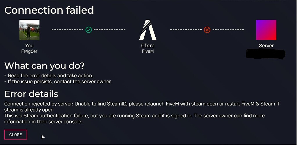 Connection rejected by server: Unable to find SteamID, please
