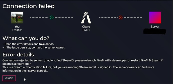 Connection rejected by server: Unable to find SteamID, please