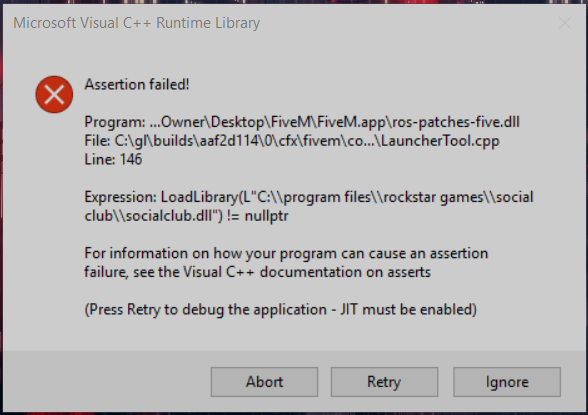 Visual C Runtime Library Error Code Assertion Failed Fivem Client Support Cfx Re Community