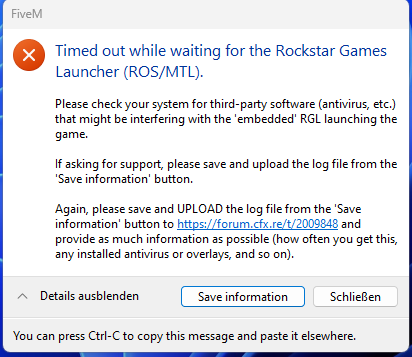 Timed out while waiting for the rockstar games launcher (ROS/MTL) - FiveM  Client Support - Cfx.re Community
