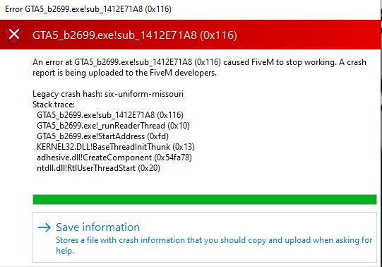 Error GTA5_b2699.exe!sub_1412E71A8 (0x116) Legacy crash hash: six 