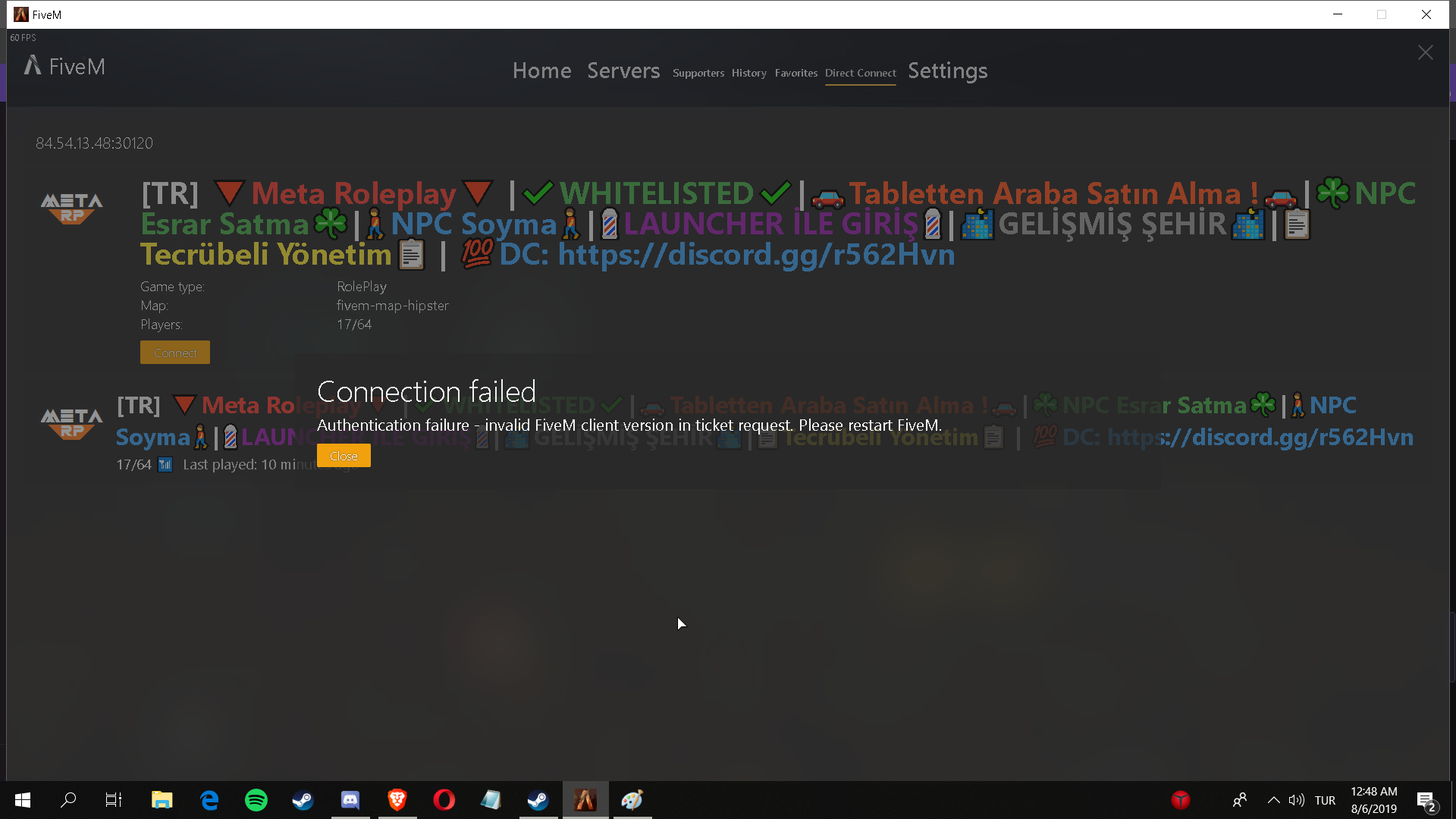 Invalid script. Invalid client. Starting FIVEM. Failed to authenticate ur connection.