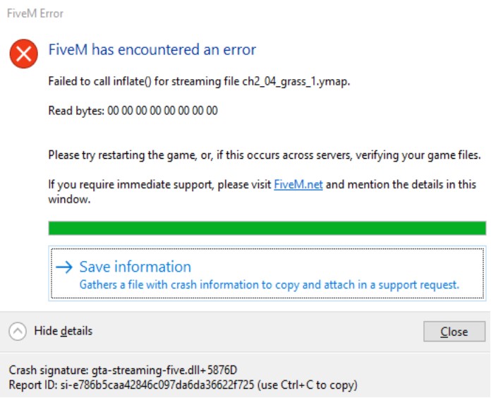 Copy file fails. Games crash Report. Encountered an Error FIVEM crash. Crash info 0x004c9691.