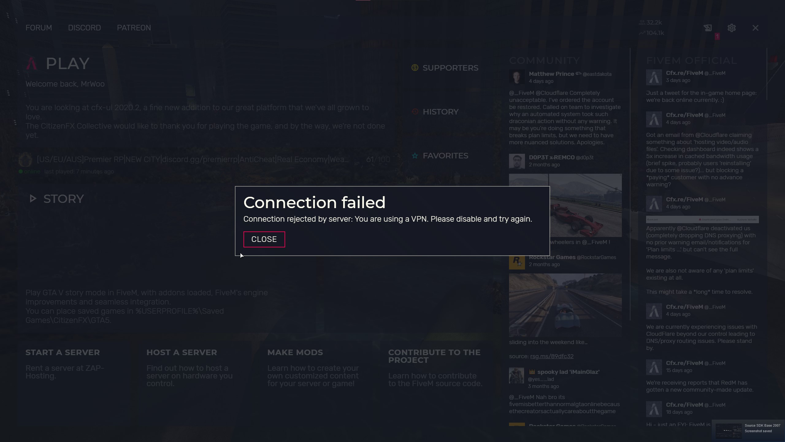 Connection rejected unacceptable nickname Arizona Rp. Connection failed rust